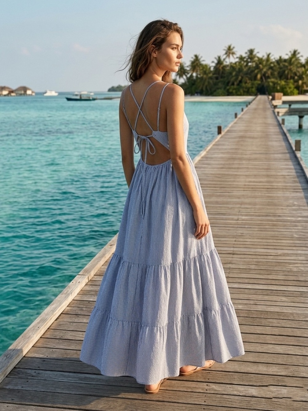 Forever 21 Blue White Striped Tiered Maxi Dress Size Large NWT